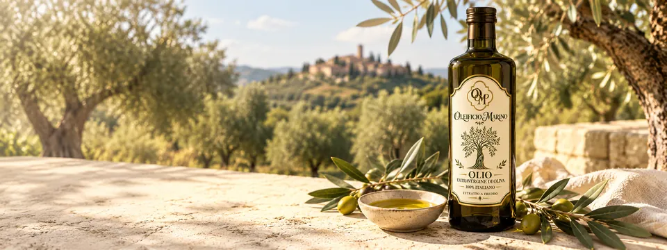 Gli oliveti sulle colline, con un borgo in lontananza e la bottiglia su un muretto di pietra