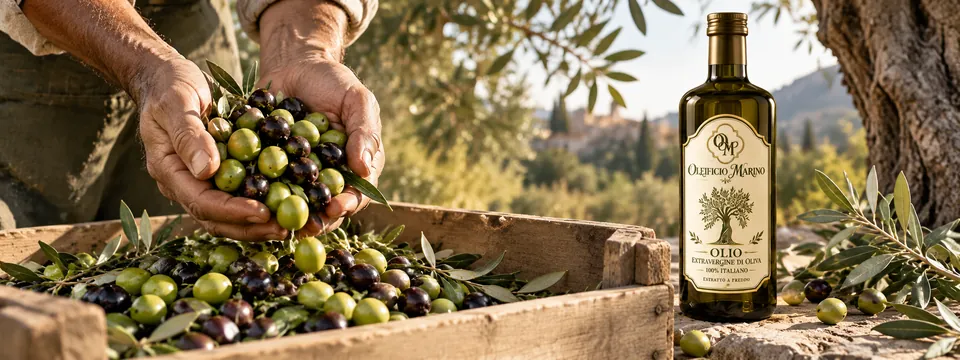 Mani che raccolgono olive verdi e nere in una cassetta, accanto alla bottiglia