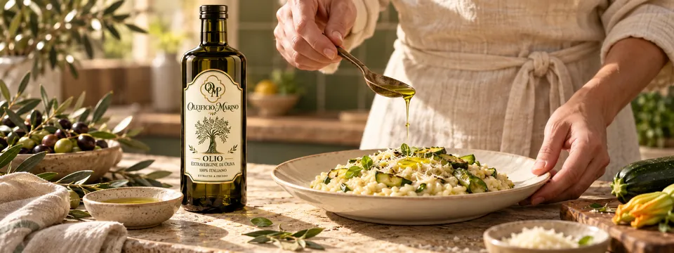 Le mani di un cuoco che rifiniscono un piatto con l’olio, accanto alla bottiglia