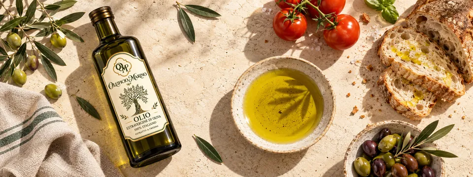 Ingredienti mediterranei, pane e olio visti dall’alto