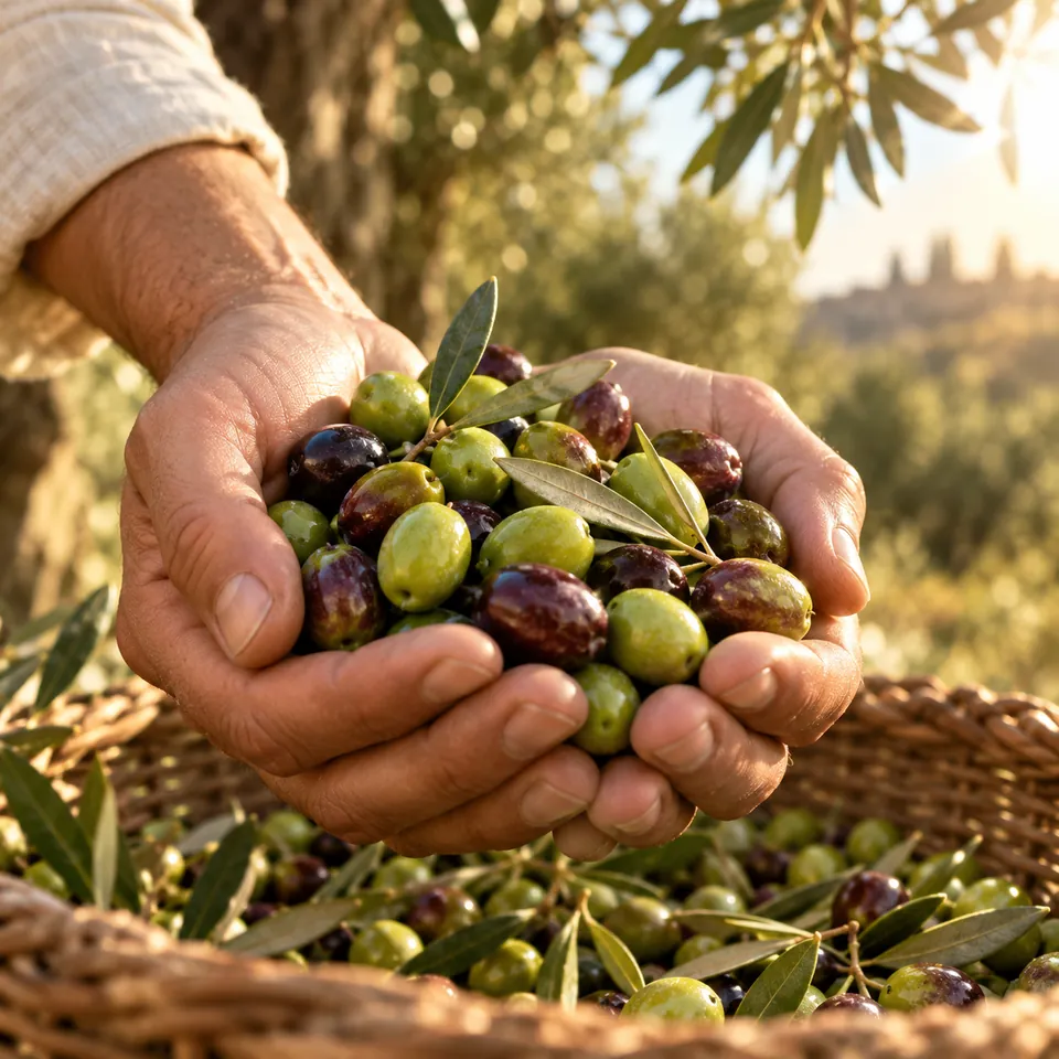 Mani che raccolgono una manciata di olive verdi e viola sopra una cesta