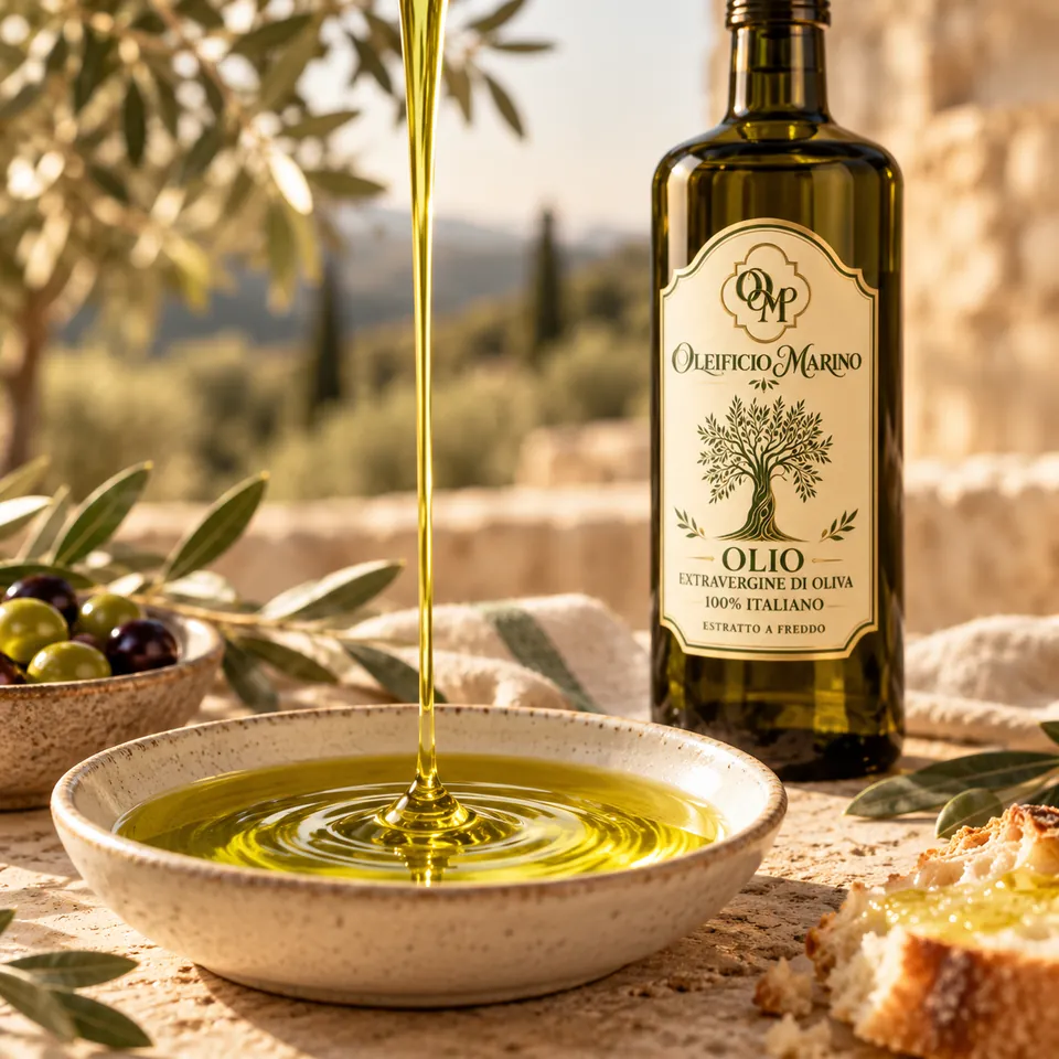 Un filo d’olio dorato che scende in una ciotola chiara