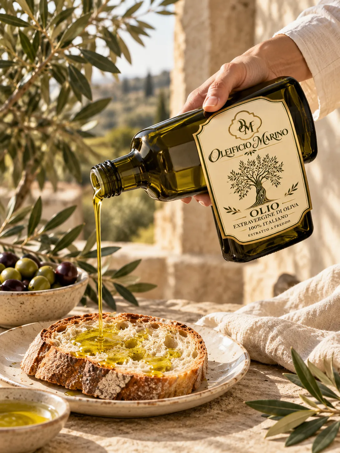 Una mano versa l’olio dalla bottiglia su una fetta di pane